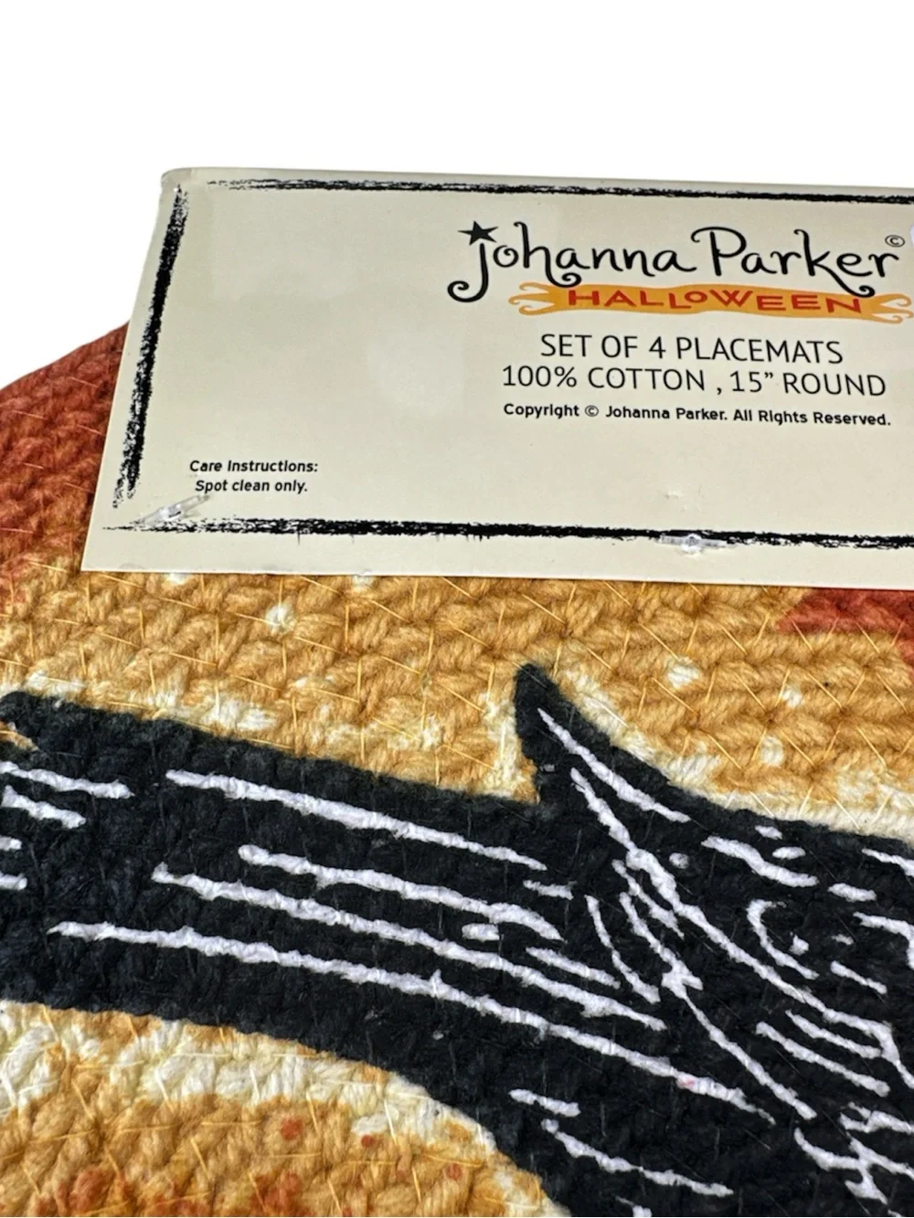 NEW Johanna Parker PUMPKIN & CROW HALLOWEEN Round Placemat Set/4